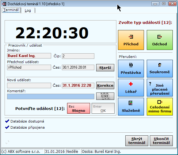 Docházkový terminál ABX software